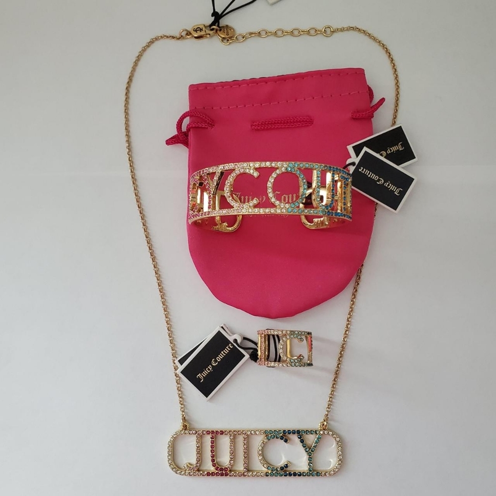 NWT Juicy Couture Rainbow Necklace/Cuff Adjustable Bangle/Ring Set